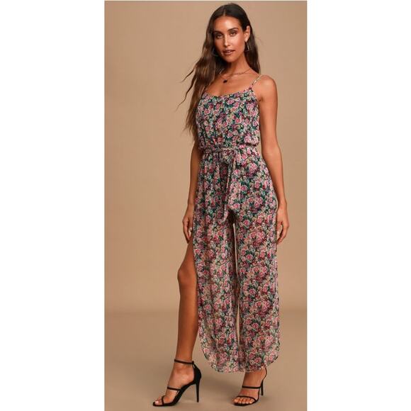 Lulus Flow With Me Black Floral Print Wide Leg Jumpsuit XS - Picture 1 of 6